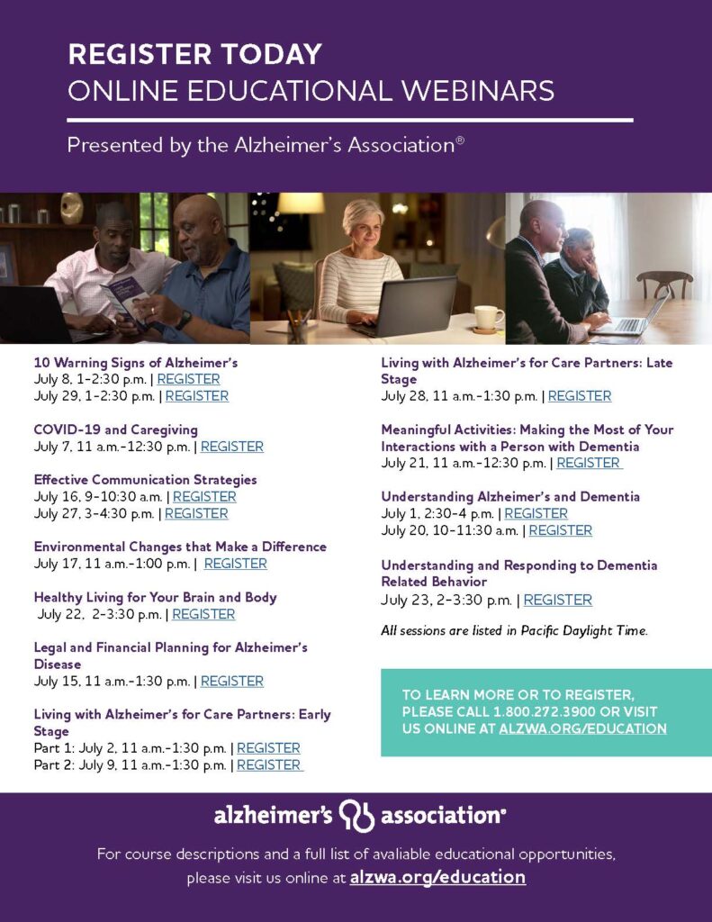 Alzheimer's Association July Events Webinars Free